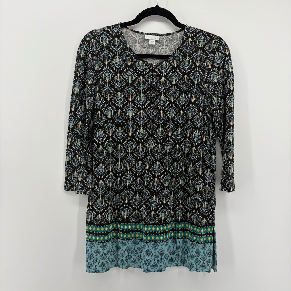 J Jill Tunic Top Black Blue Geometric‎ Print 3/4 Sleeve Women's XS